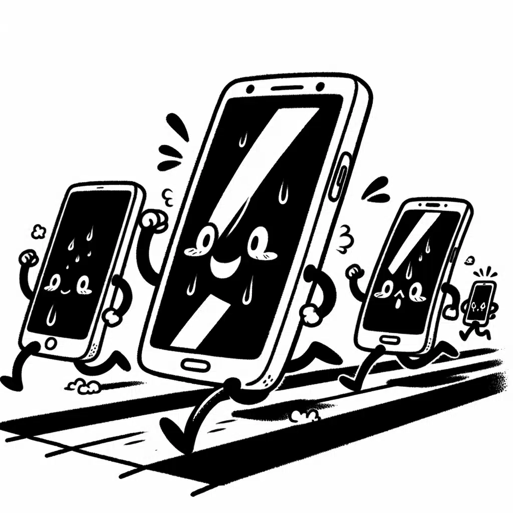 A cartoon of mobile phones racing on a running track to symbolize the competition in mobile optimization.