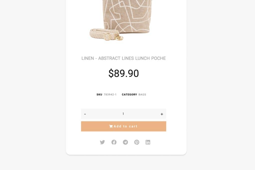 WooCommerce for Mobile - An example e-commerce web page with social icons available so that visitors can share the product.
